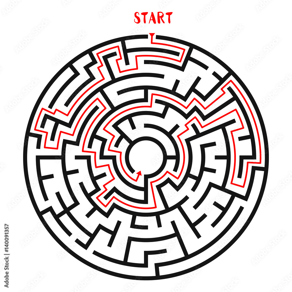 Circle Maze with Solution. Labyrinth with Entry and Exit. Find the Way Out Concept. Vector Illustration. Circle Maze with Solution. Labyrinth with Entry and Exit. Find the Way Out Concept. Vector Illustration.