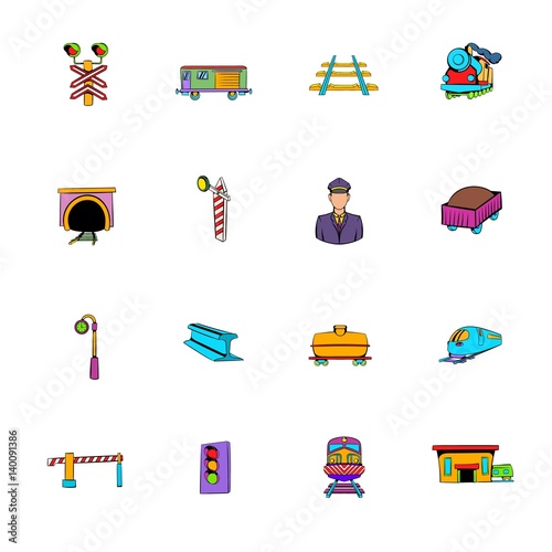 Railroad icons set cartoon