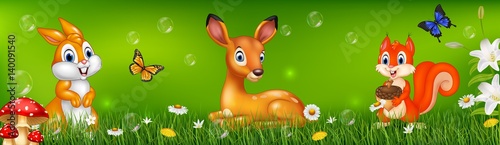 Cartoon deer, squirrel and rabbit with nature background