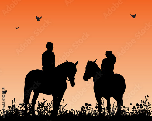  isolated  silhouette man on a horse in the nature