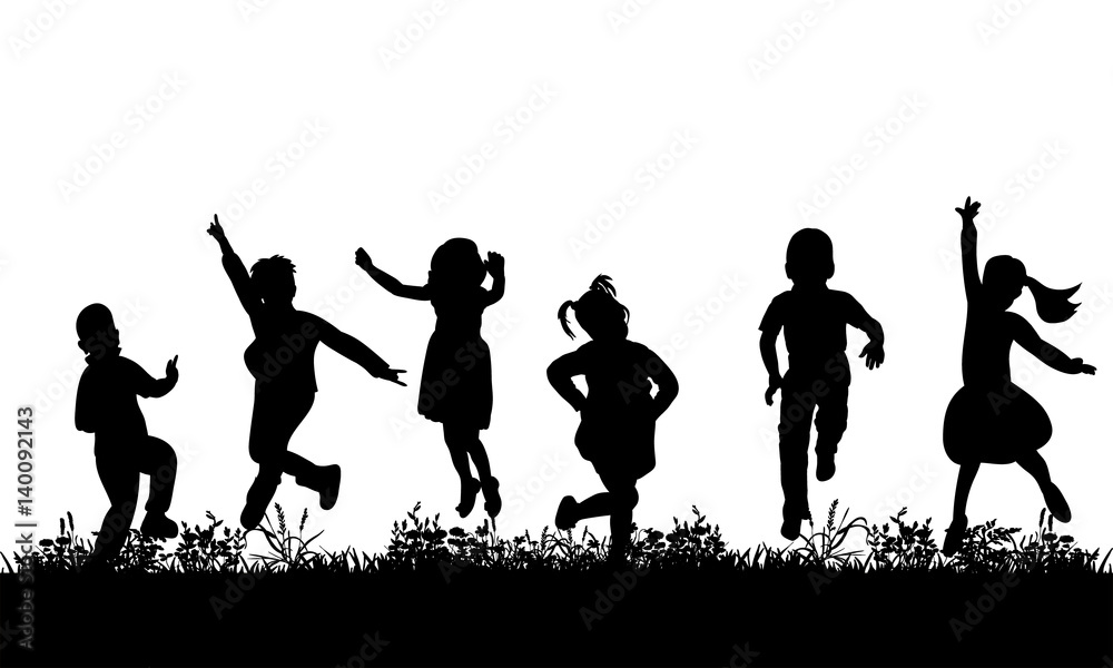 silhouette of children jumping on the grass, childhood