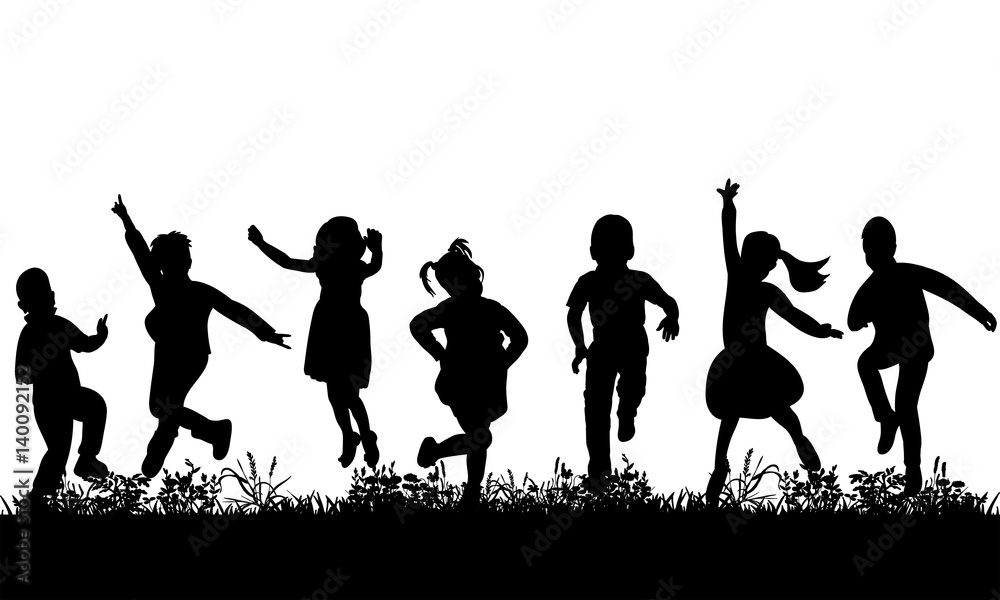  isolated, silhouette of children jumping on grass, joy