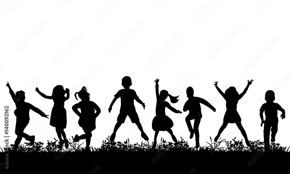 Vector, isolated, silhouette of children jumping on grass, joy