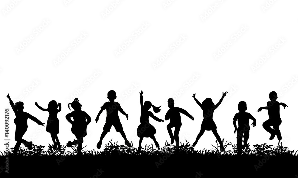 Obraz premium isolated, silhouette of children jumping on the grass