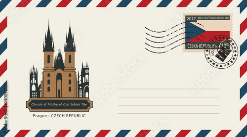 an envelope with a postage stamp with Prague church of Mother of God before tyn, and the flag of Czech Republic
