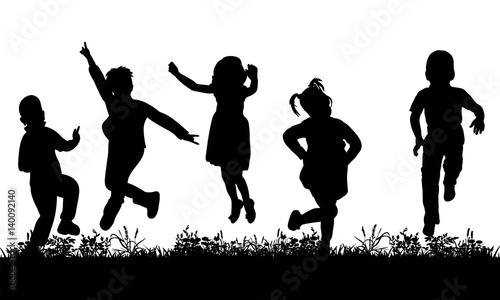  isolated, silhouette of children jumping on the grass, childhood