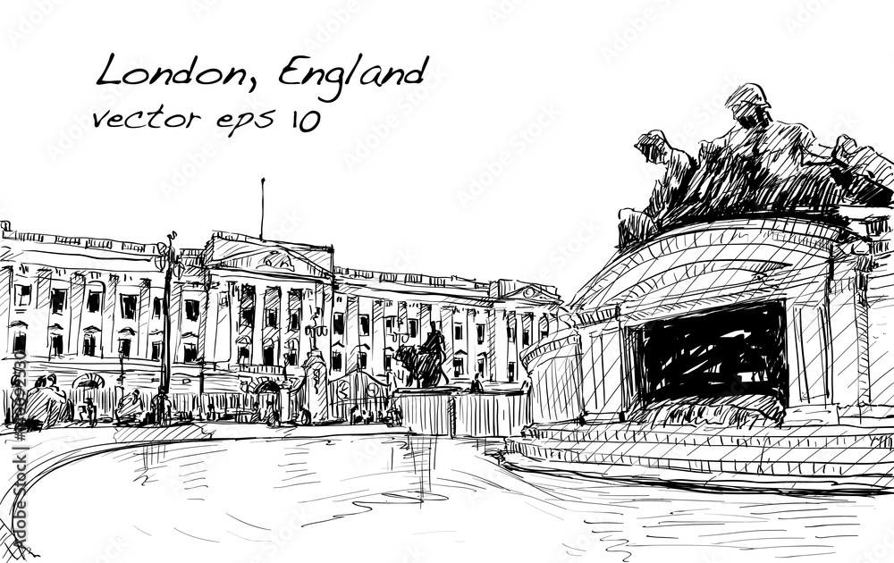 sketch cityscape of London England, show public space, monuments fountain and old building, illustration vector