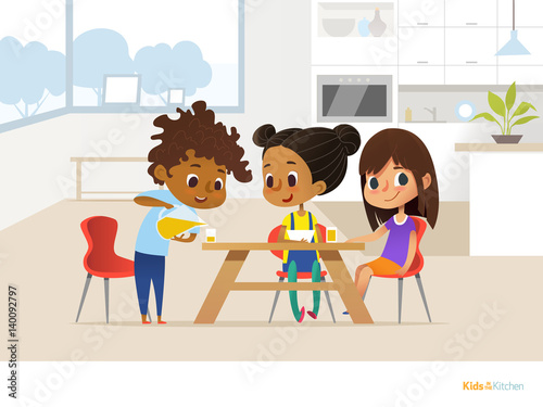 Multiracial children preparing lunch by themselves and eating. Two girls sitting at table and boy pouring orange juice into glass. Kids in dining room concept. Vector illustration for banner, website.