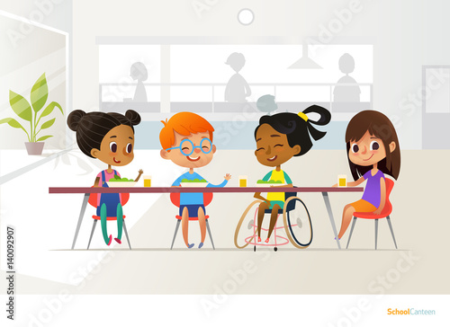 Smiling disabled girl sitting at table in school canteen and talking to her classmates. Children s friendship. Inclusive education concept. Vector illustration for banner, website, advertisement.