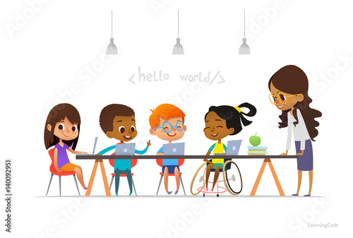 Disabled girl in wheelchair and other children sitting at laptops and learning coding during informatics lesson. School inclusive education concept. Vector illustration for website, advertisement.
