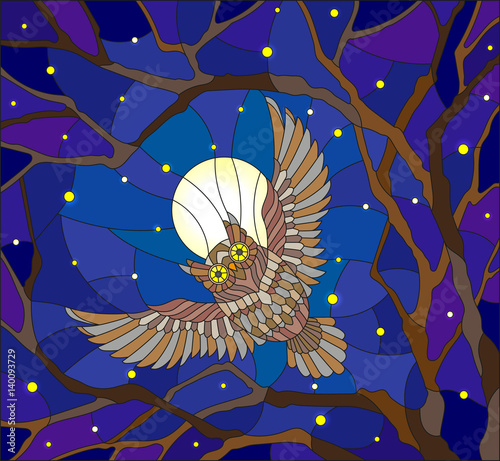 The illustration in stained glass style painting with the owl in the night starry sky and moon in between the branches of the tree