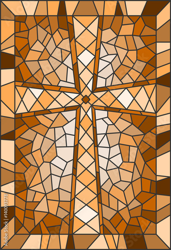 Illustration in stained glass style with a cross, in brown tones