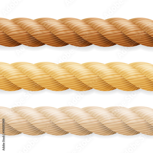 Realistic Rope Vector. Different Thickness Rope Set Isolated On White Background. Illustration Of Twisted Nautical Thick Lines. Graphic String Cord For Borders.