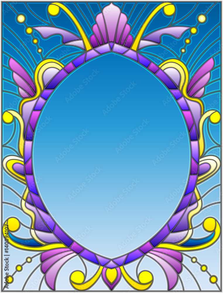 Illustration in stained glass style frame with abstract patterns and swirls on a blue background