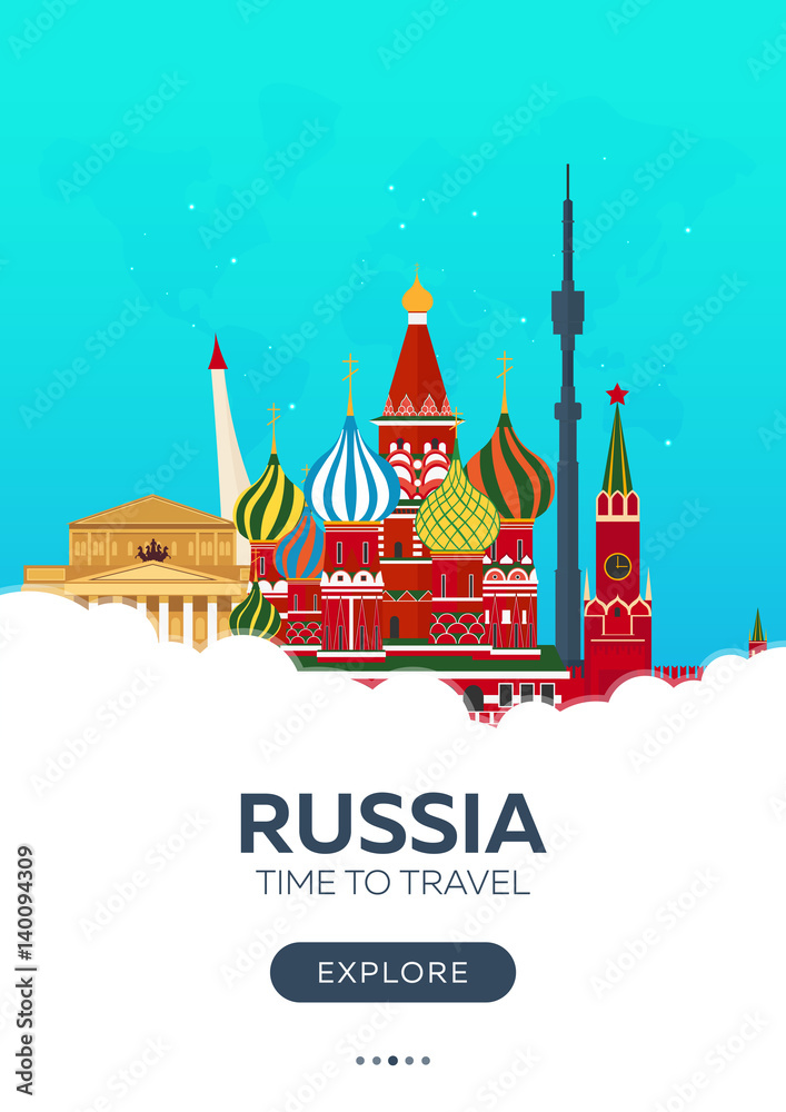 Russia. Moscow. Time to travel. Travel poster. Vector flat illustration.