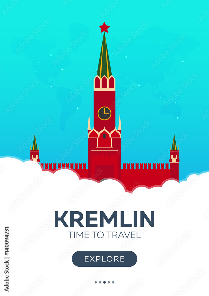 Russia. Moscow. Kremlin. Time to travel. Travel poster. Vector flat illustration.