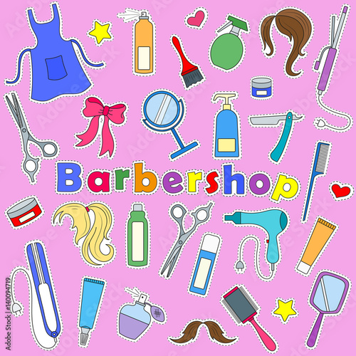 Set on a theme Barber shop, tools, and accessories of Barber, colored patches icons on pink background