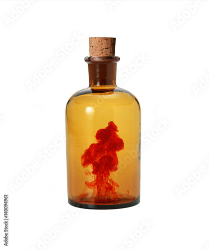 “Blood in glass bottle” concept, isolated on white background with clipping path. 