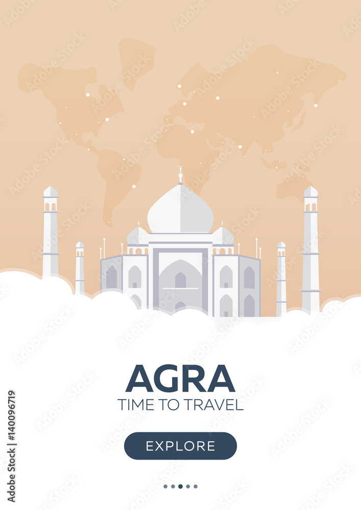 India. Agra. Taj Mahal. Time to travel. Travel poster. Vector flat illustration.