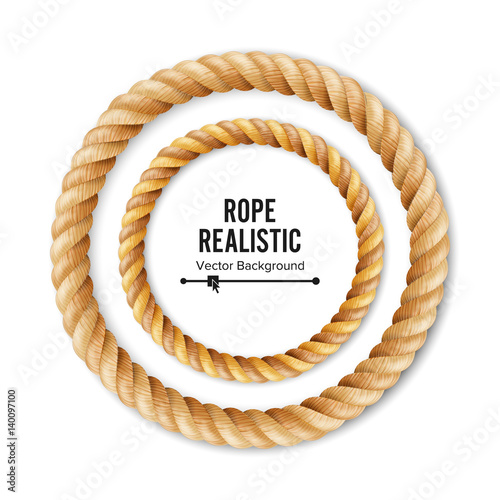 Realistic Rope Vector. 3D Circular Rope Isolated On White Background. Illustration Of Twisted Nautical Thick Line. Graphic String Cord With Soft Shadow.