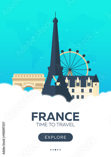 France. Time to travel. Travel poster. Vector flat illustration.