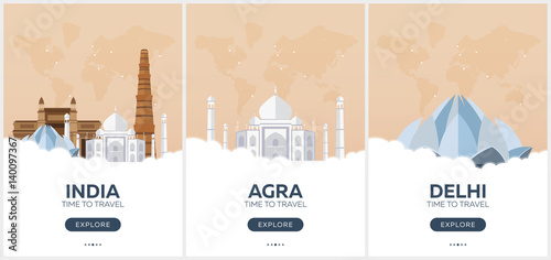 India. Time to travel. Set of Travel posters. Vector flat illustration.