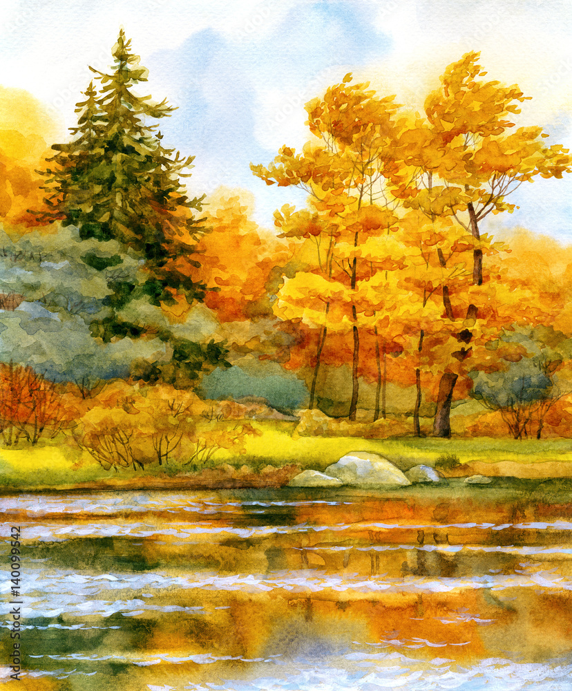 Fototapeta premium Autumnal forest on the lake