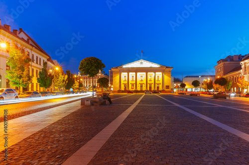 Town Hall Square in Old Town at night of Vilnius, Lithuania, Baltic states. © Kavalenkava