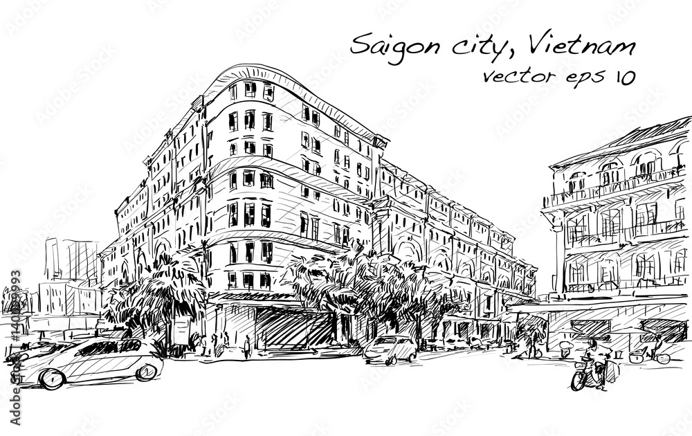Sketch cityscape of Saigon city (Ho Chi Minh) show Union Square and Hotel Continental- modern and classic building, illustration vector