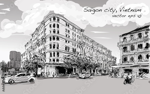 Sketch cityscape of Saigon city (Ho Chi Minh) show Union Square and Hotel Continental- modern and classic building, illustration vector