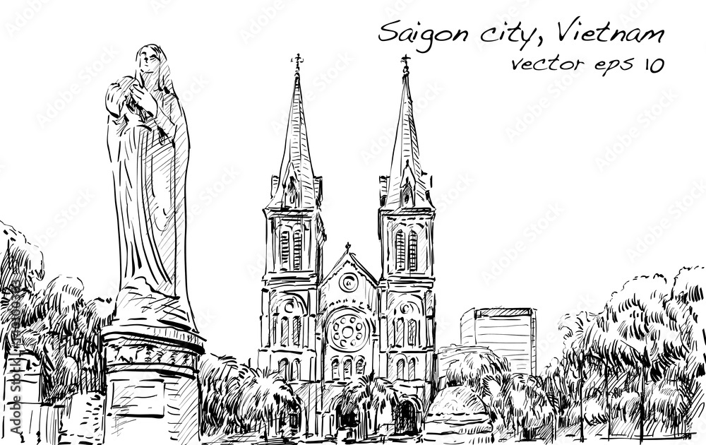 Sketch cityscape of  Ho Chi Minh city show Saigon Notre-Dame Cathedral Basilica, illustration vector