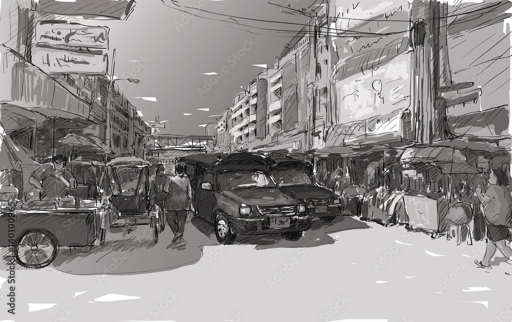 Sketch cityscape of Chiangmai, Thailand, show red car local transportation at market, illustration vector