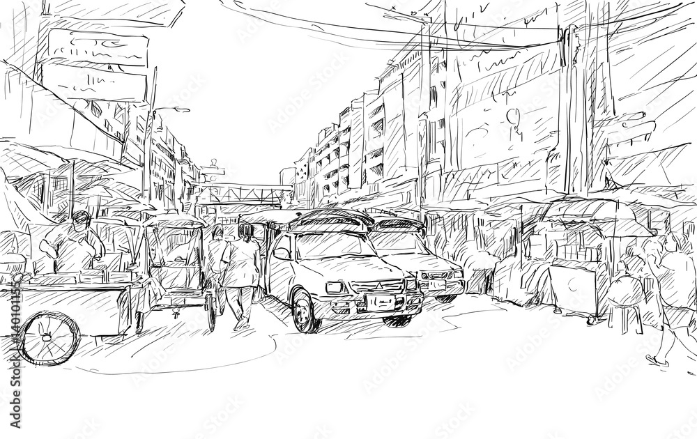 Sketch cityscape of Chiangmai, Thailand, show red car local transportation at market, illustration vector