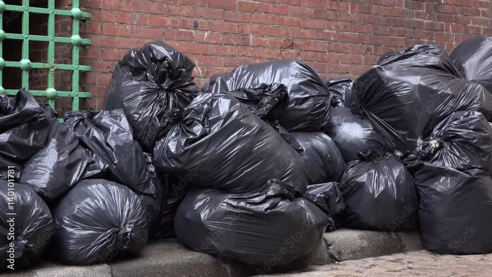 City alley sidewalk overfilled with garbage bags from business.
