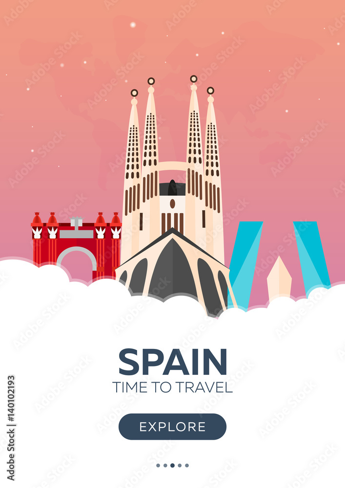 Spain. Time to travel. Travel poster. Vector flat illustration.