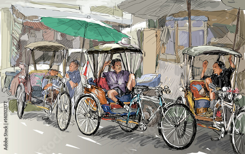 Sketch cityscape of Chiangmai, Thailand, show local tricycle and people, illustration vector
