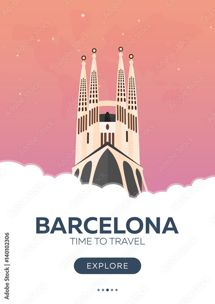 Spain. Barcelona. Time to travel. Travel poster. Vector flat illustration.
