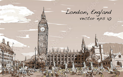 Sketch Cityscape of London The Big Ben and houses of parliament with peoples at public space in Sepia tone, illustration vector
