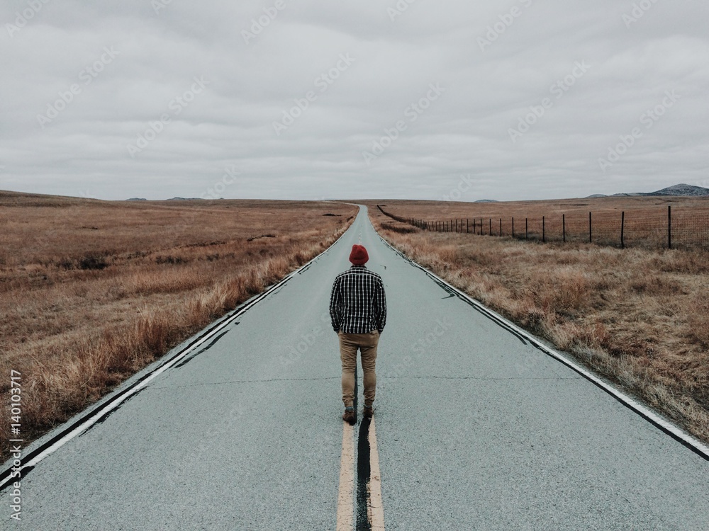 Man standing in middle of road by fields, rear view Stock Photo Adobe