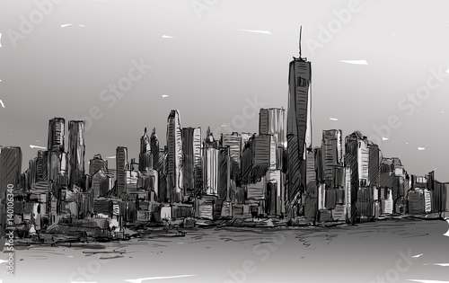 Sketch of cityscape in New York show Manhattan midtown with skyscrapers, illustration vector