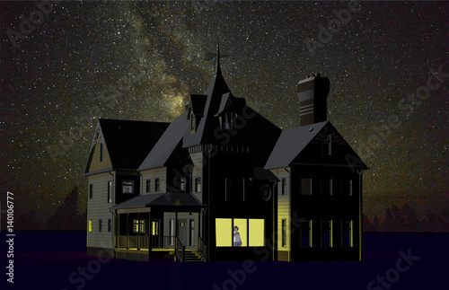 3d computer rendered illustration of a woman standing in the window of a big house with the milky way in the background
