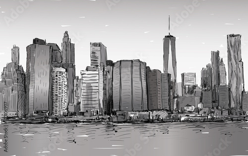 Sketch of cityscape in New York show Manhattan midtown with skyscrapers, illustration vector