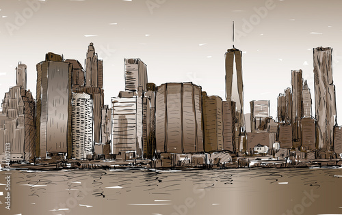 Sketch of cityscape in New York show Manhattan midtown with skyscrapers, illustration vector