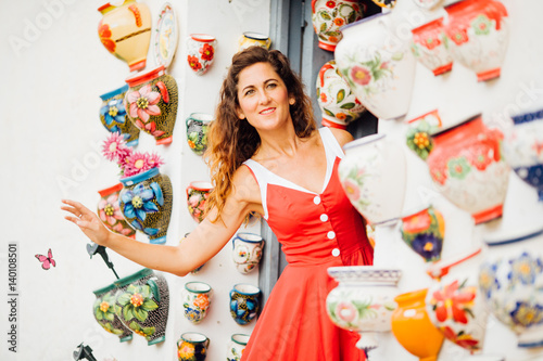 beautiful happy girl in dress in Spain for holidays and modelling