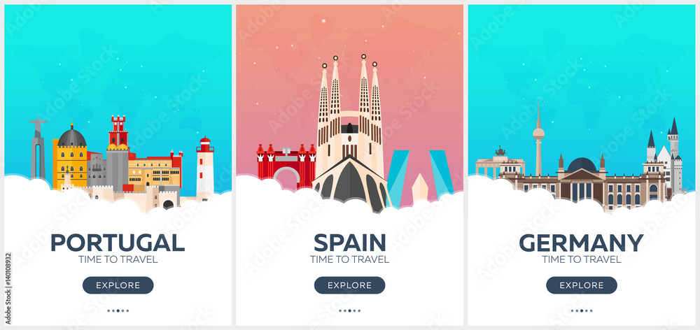 Portugal, Spain, Germany. Time to travel. Set of Travel posters. Vector flat illustration.