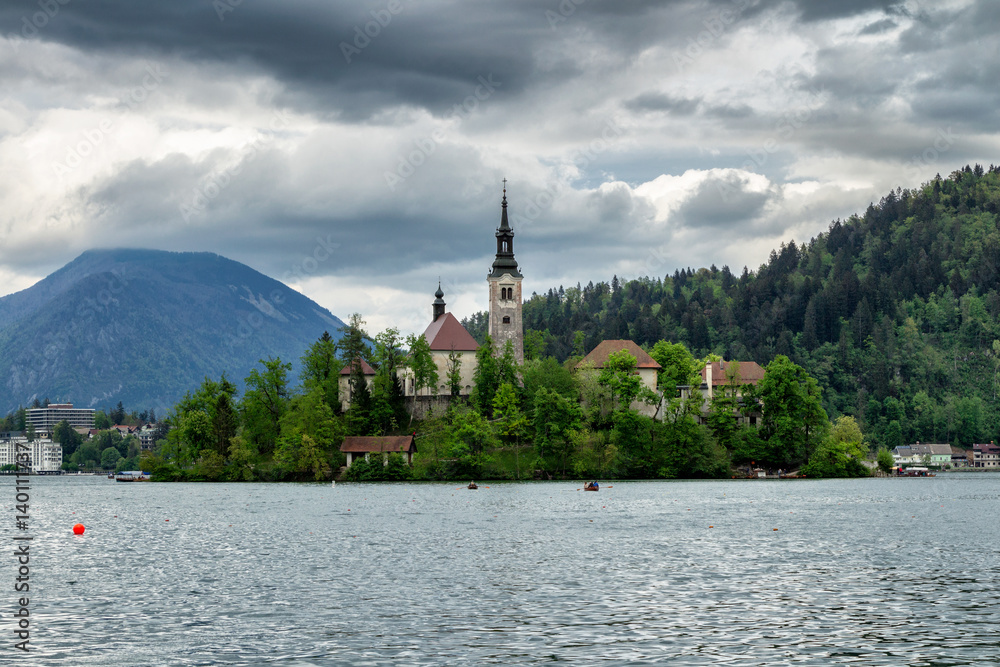 Amazing View On Bled Lake, Island,Church And Castle With Mountain Range (Stol, Vrtaca, Begunjscica) In The Background-Bled, Slovenia, Europe