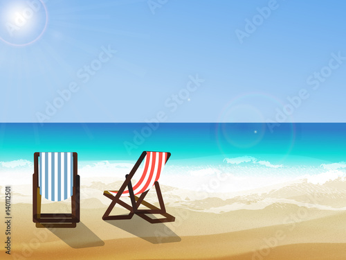 Summer background, vector illustration of the day at the beach with sea waves, ans sun shining, seaside view with copyspace. Two deck chairs at seaside
