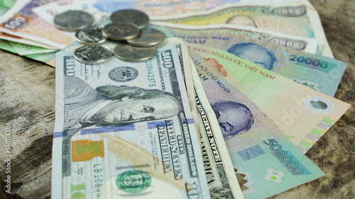 US dollars, Korean Won, Euro bills and some money bills and banknotes. Currency foreign exchange. Business and Financial or money management for investments.