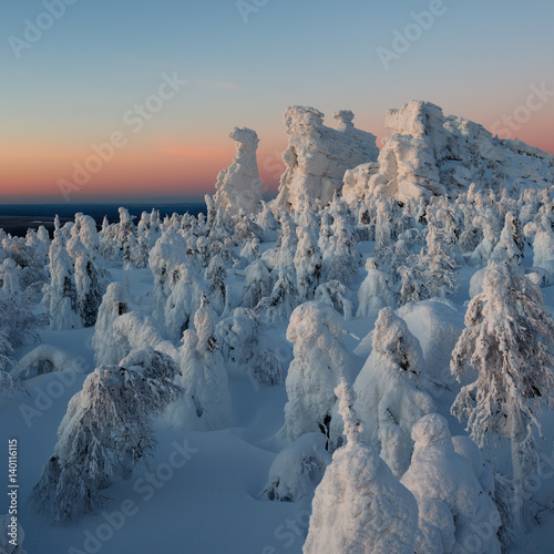 Dusk in mountains, winter. Kolchimsky Stone, Perm Kray, Russia