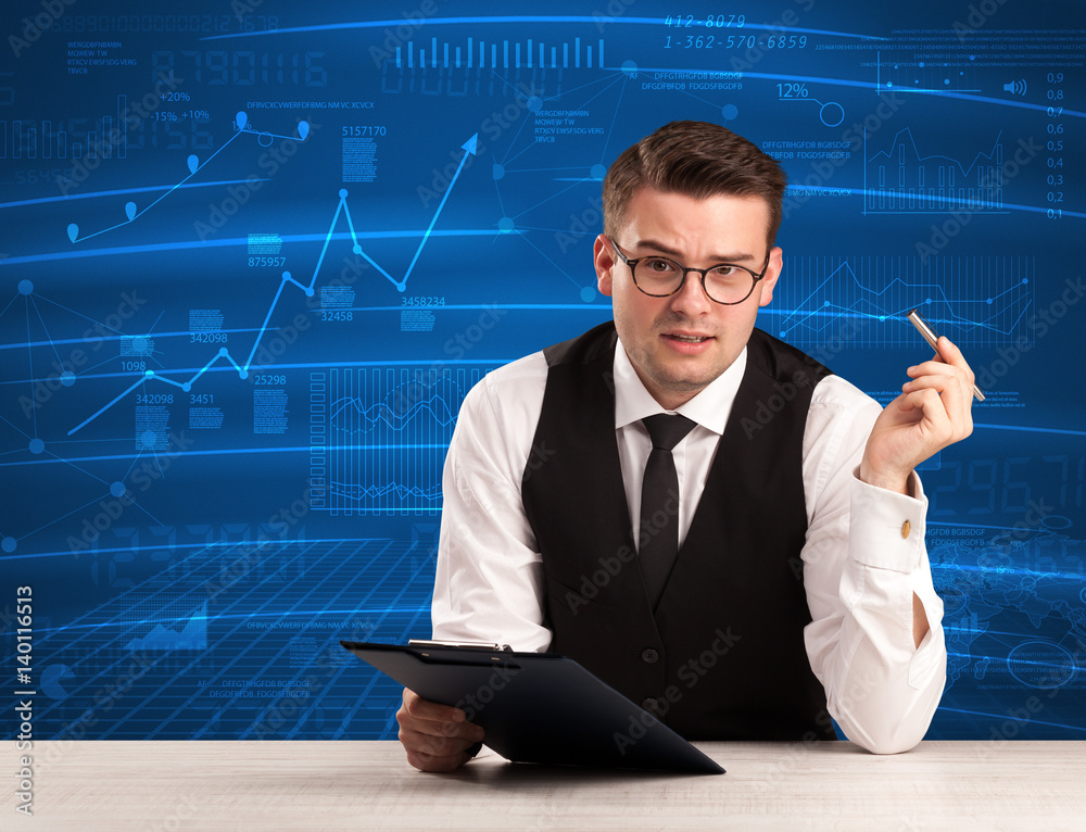 Stock data analyst in studio giving adivce on blue chart background Stock data analyst in studio giving adivce on blue chart background